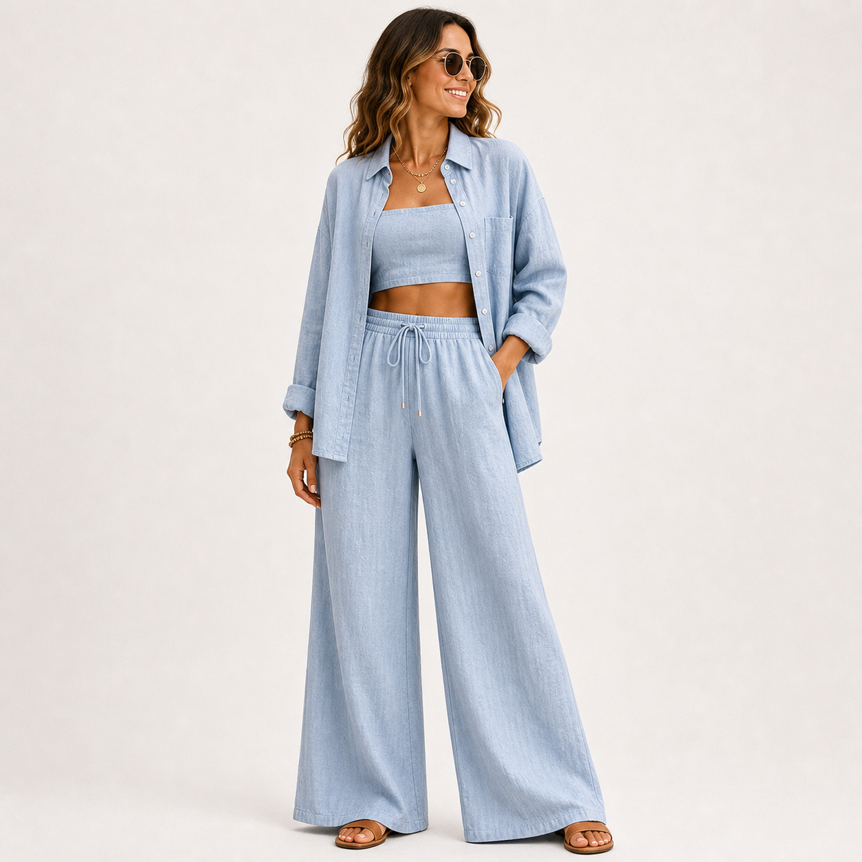 Women's Linen-Blend Three-Piece Shirt Crop Top and Wide-Leg Pants Set