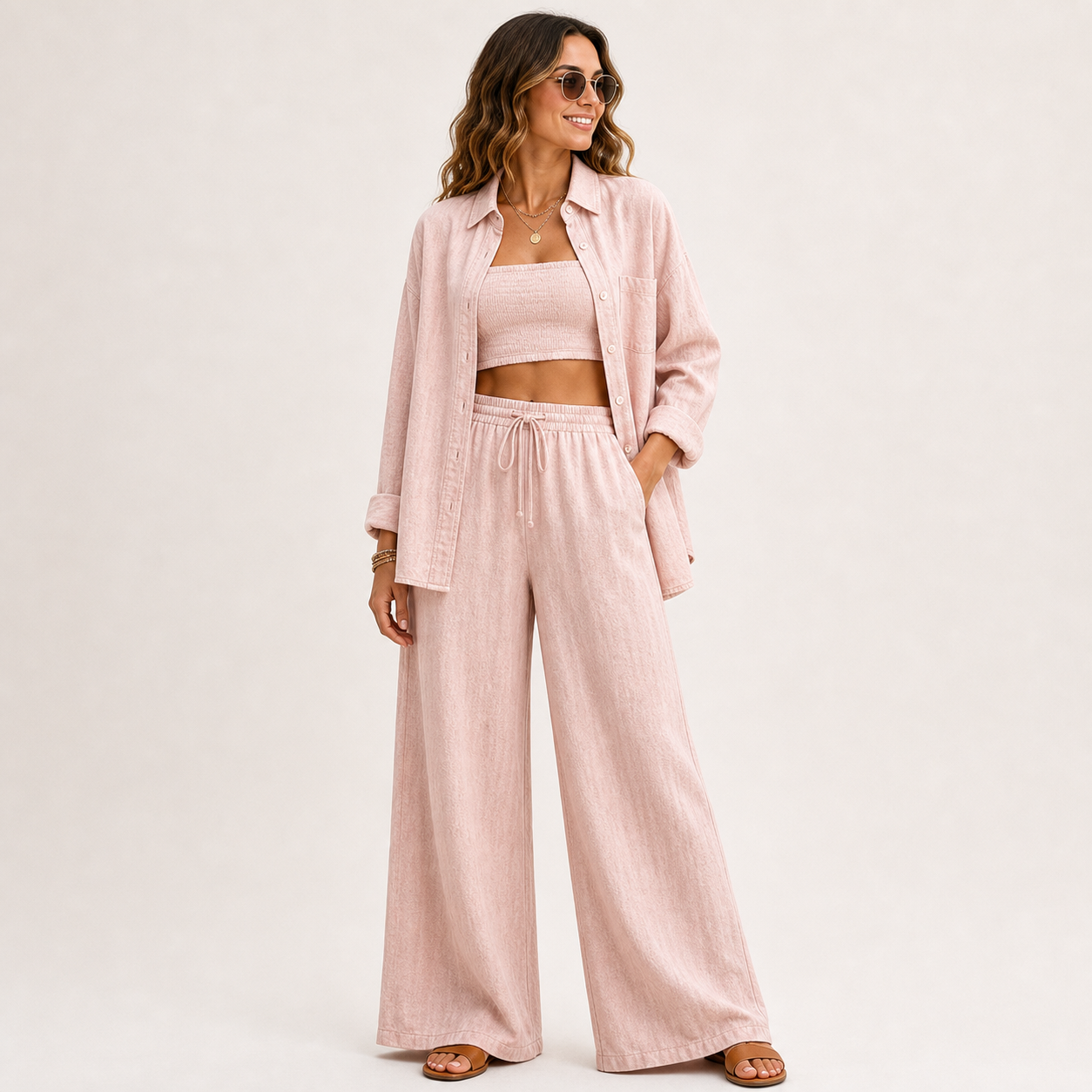Women's Linen-Blend Three-Piece Shirt Crop Top and Wide-Leg Pants Set