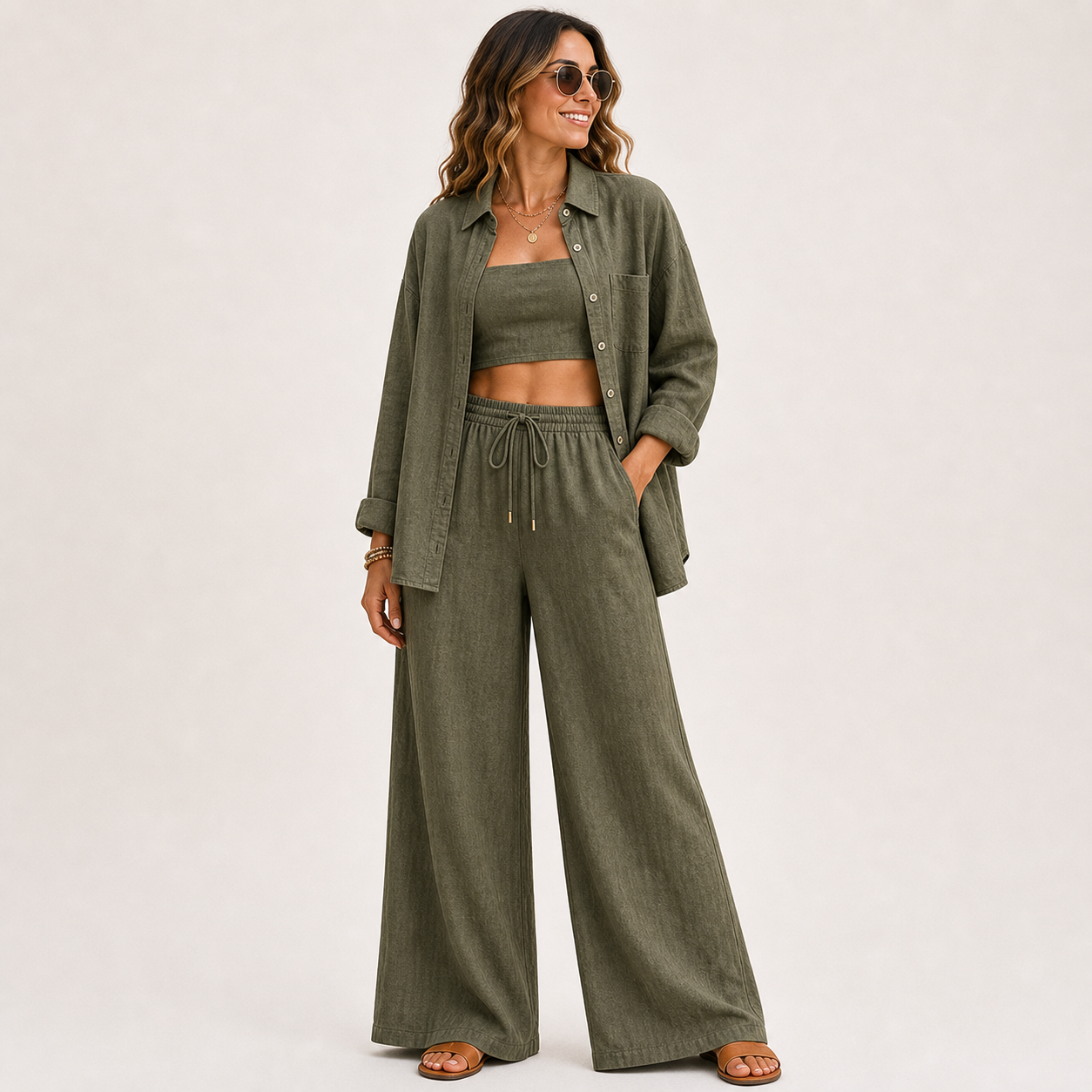 Women's Linen-Blend Three-Piece Shirt Crop Top and Wide-Leg Pants Set
