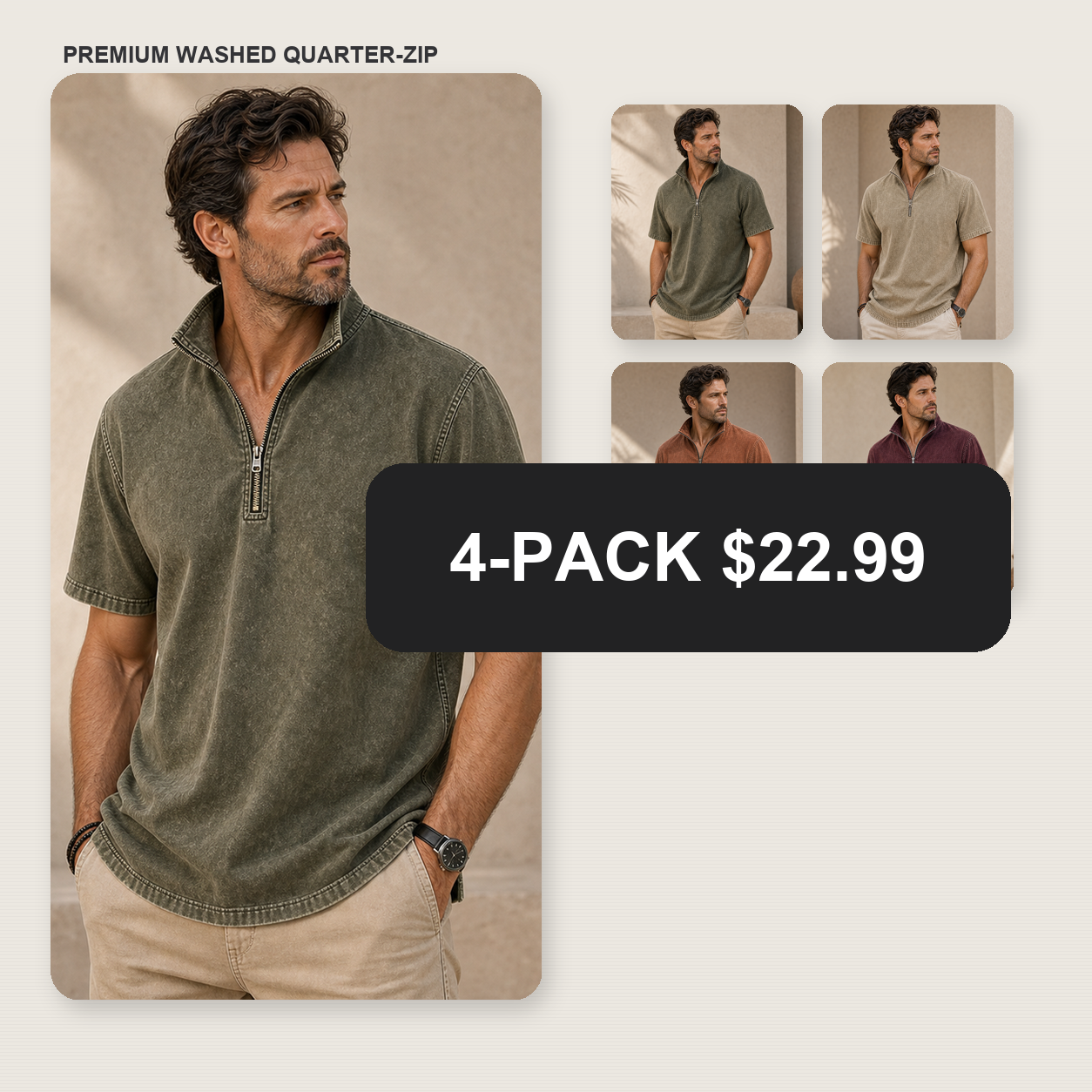 Men's Washed Short Sleeve Quarter-Zip Pullover Shirt