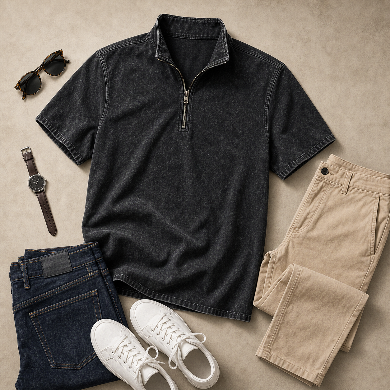 Men's Washed Short Sleeve Quarter-Zip Pullover Shirt
