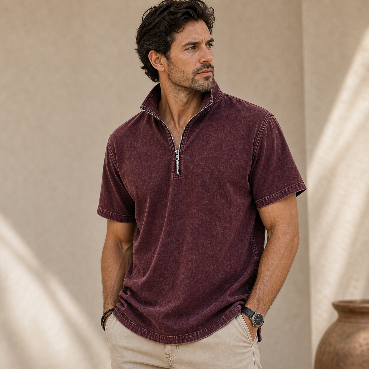 Men's Washed Short Sleeve Quarter-Zip Pullover Shirt