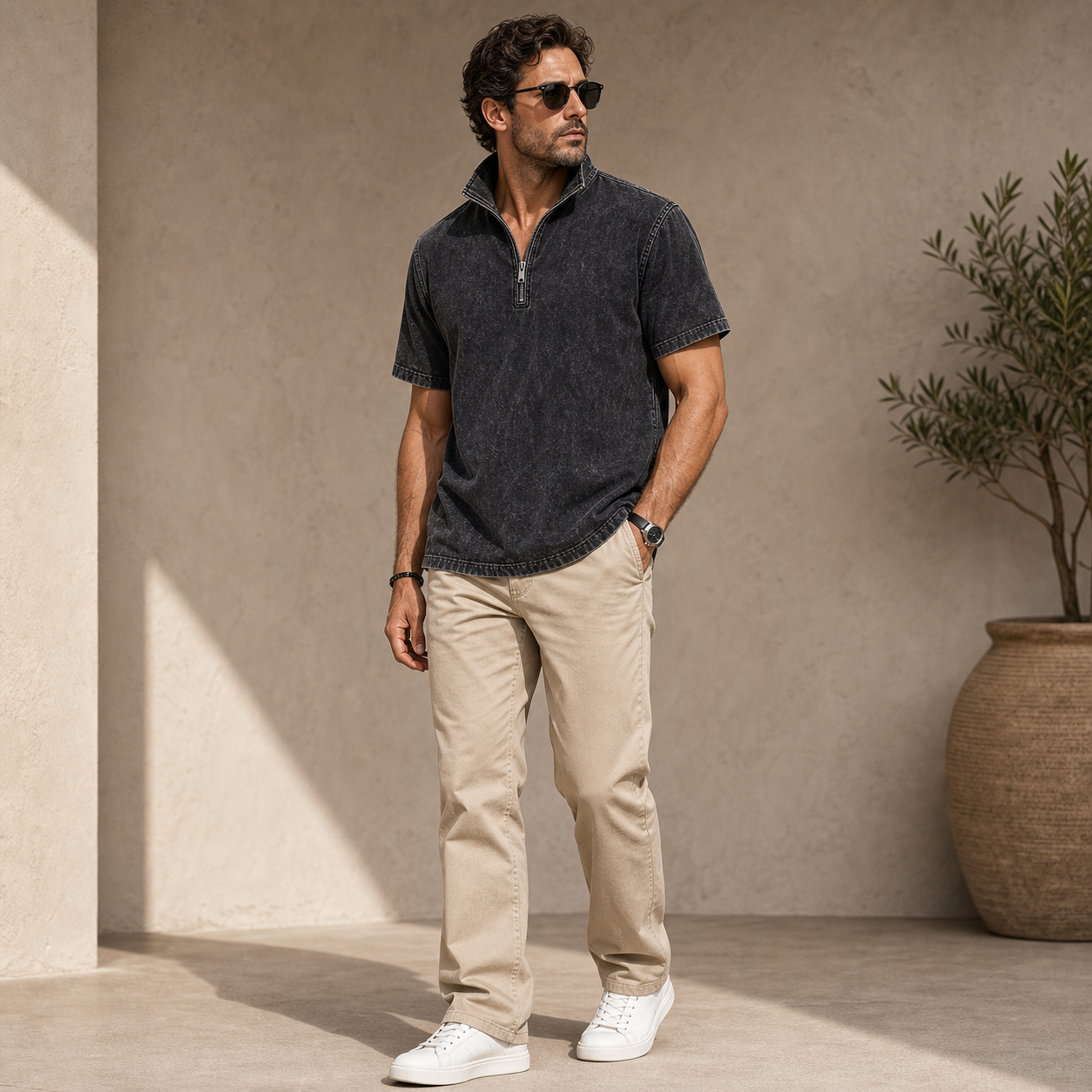 Men's Washed Short Sleeve Quarter-Zip Pullover Shirt