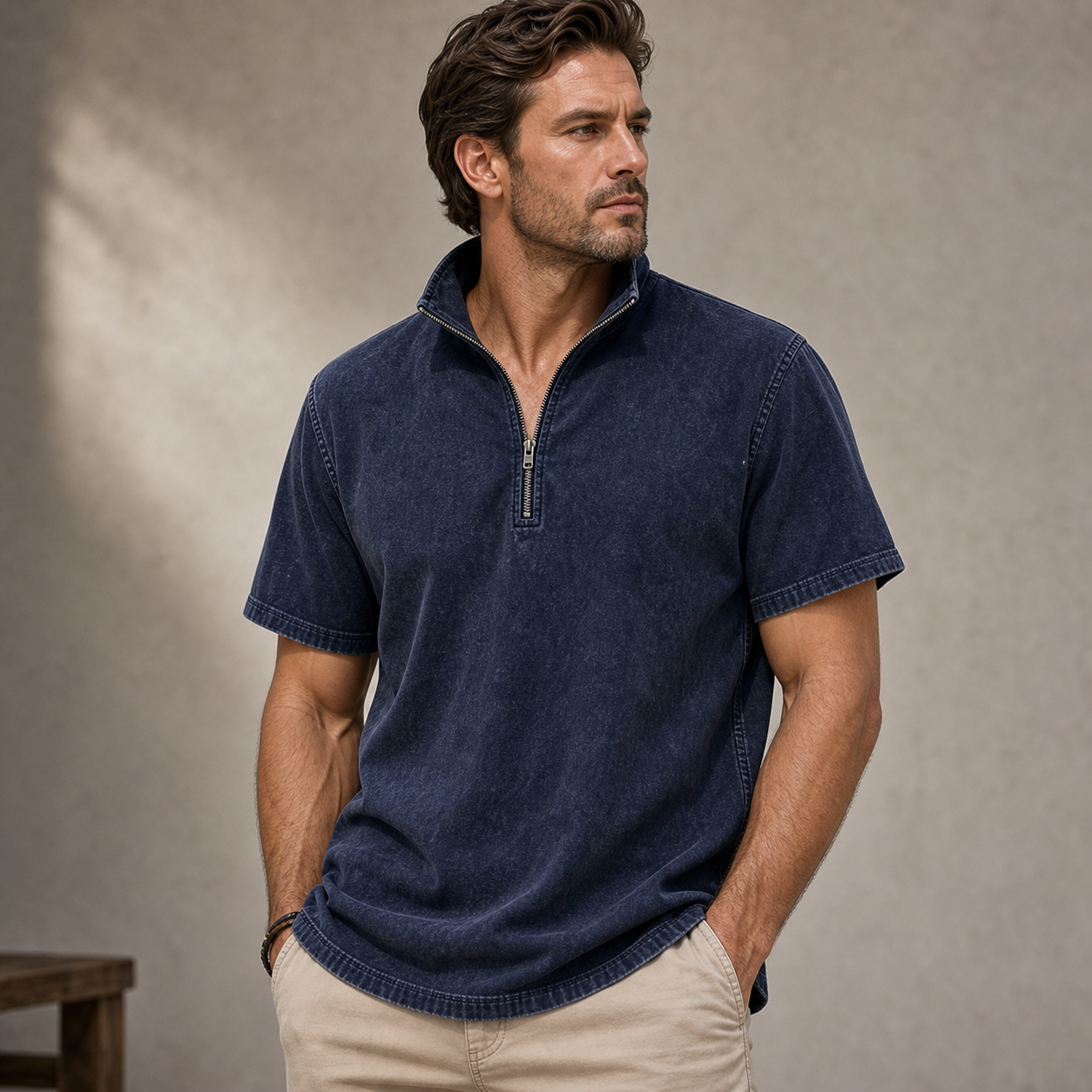 Men's Washed Short Sleeve Quarter-Zip Pullover Shirt