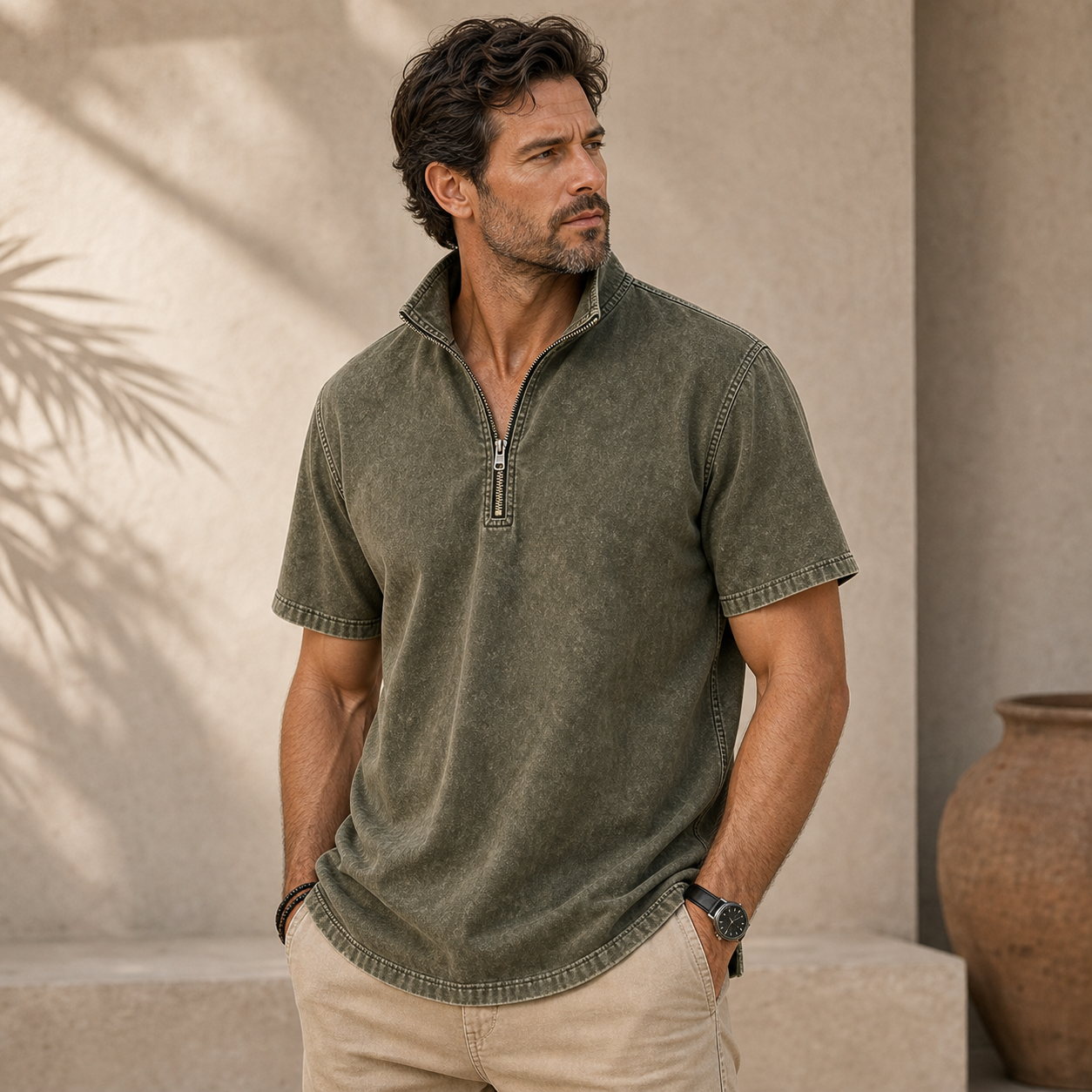 Men's Washed Short Sleeve Quarter-Zip Pullover Shirt