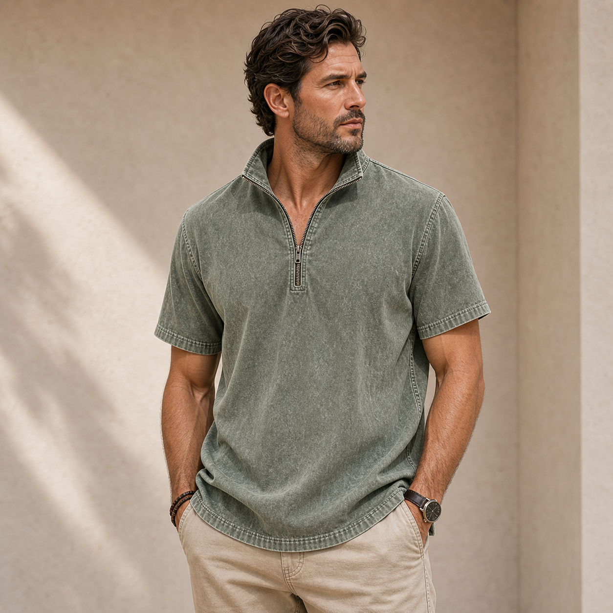 Men's Washed Short Sleeve Quarter-Zip Pullover Shirt