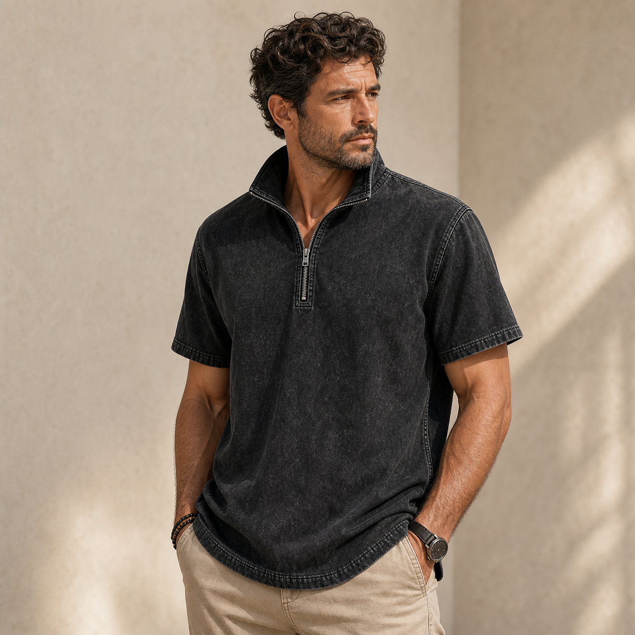 Men's Washed Short Sleeve Quarter-Zip Pullover Shirt