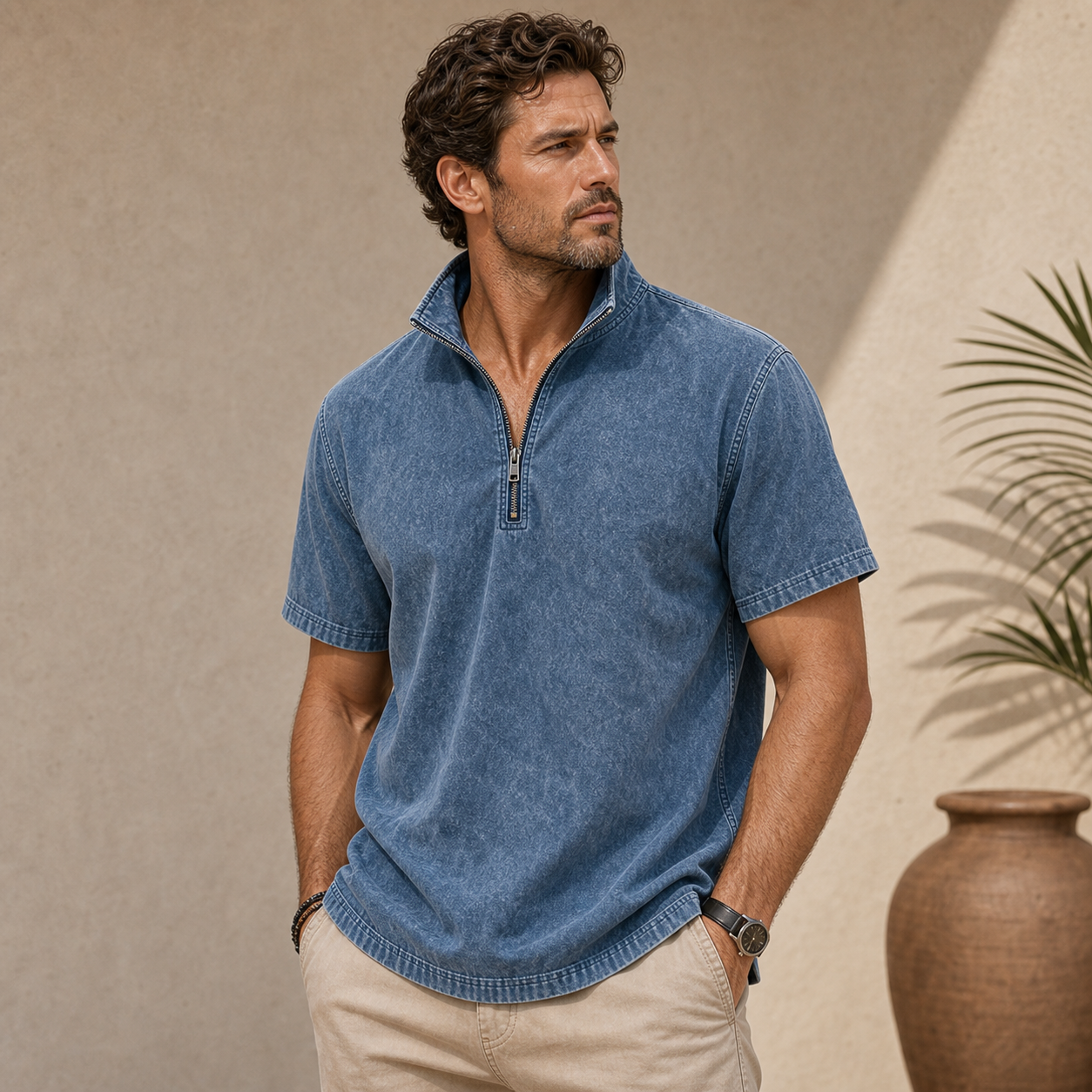 Men's Washed Short Sleeve Quarter-Zip Pullover Shirt
