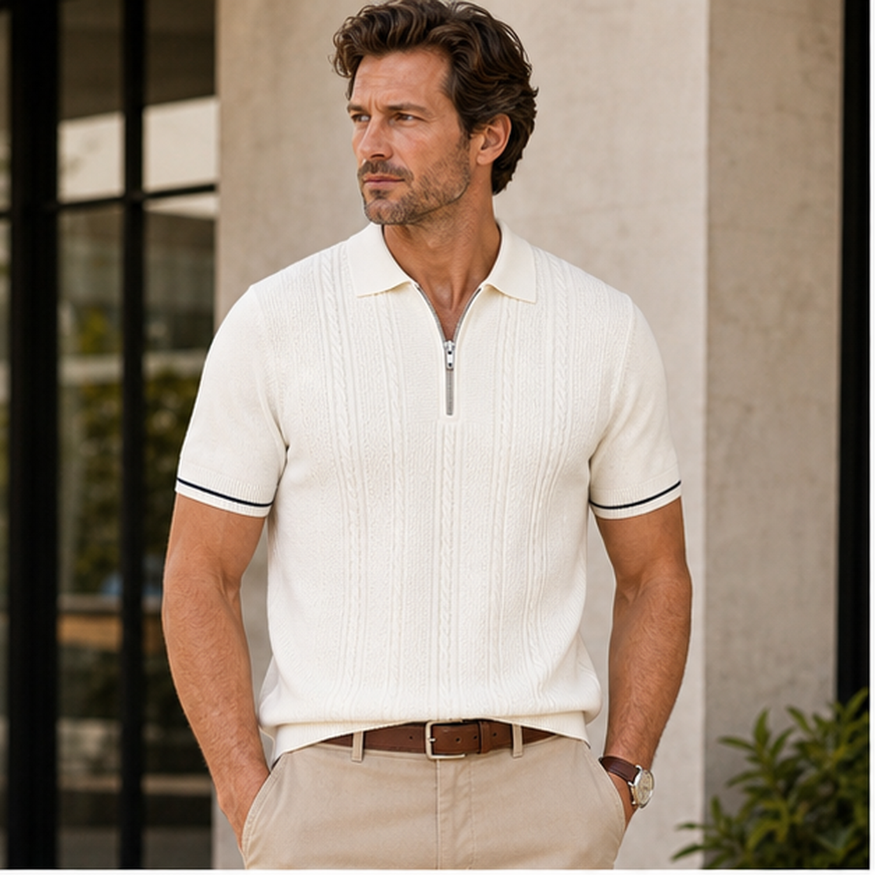 Men's Textured Quarter-Zip Knit Short Sleeve Polo Shirt