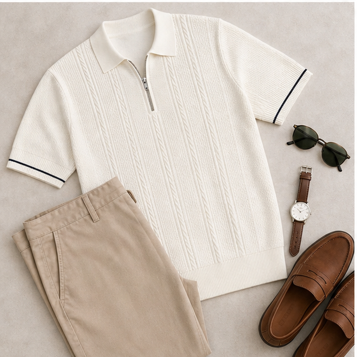 Men's Textured Quarter-Zip Knit Short Sleeve Polo Shirt