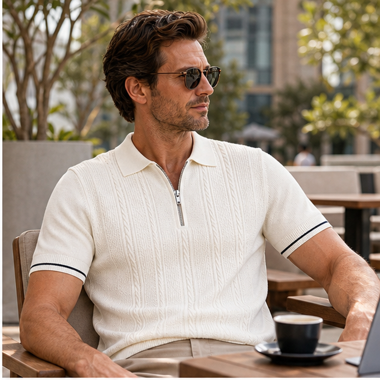 Men's Textured Quarter-Zip Knit Short Sleeve Polo Shirt
