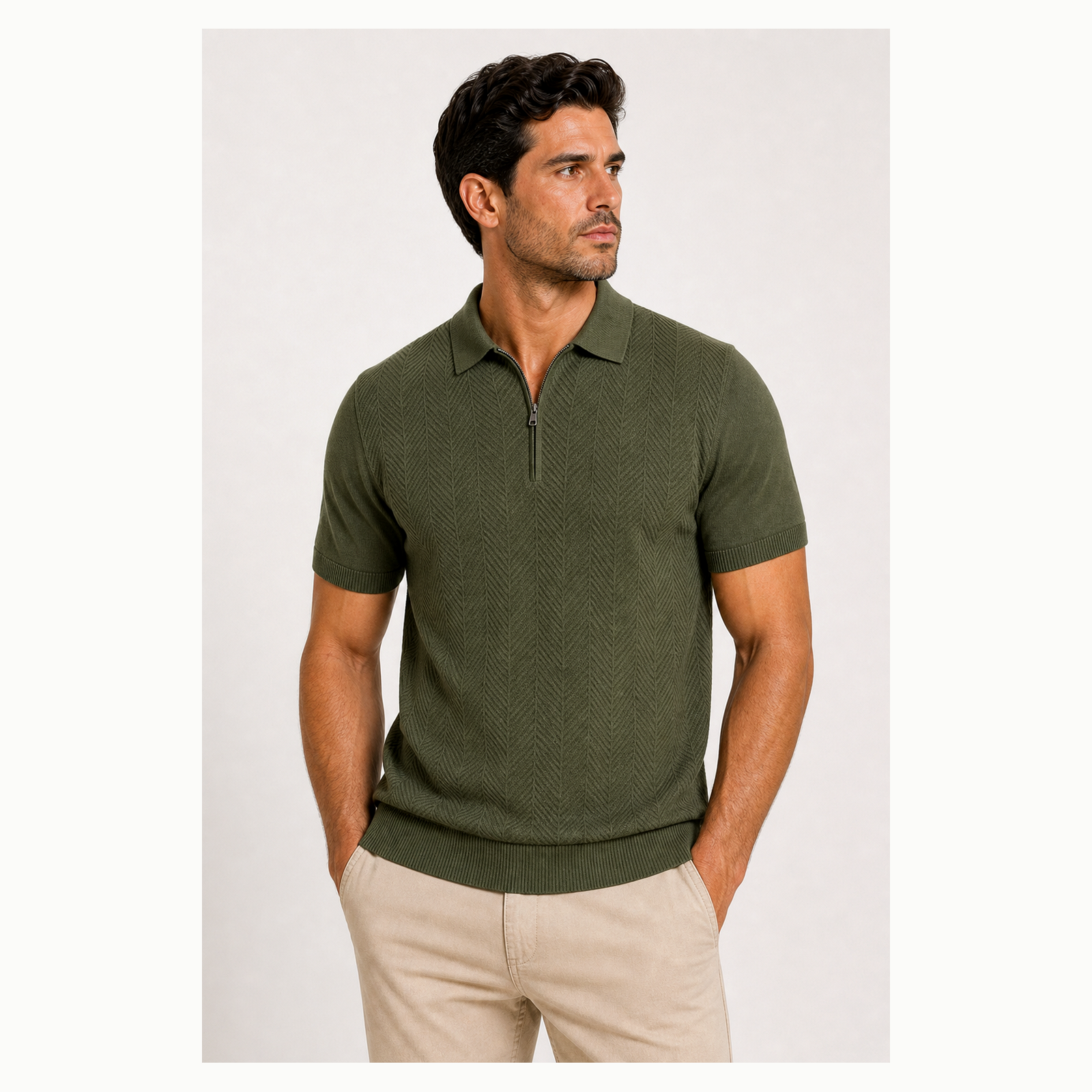 Men's Textured Quarter-Zip Short Sleeve Polo Shirt