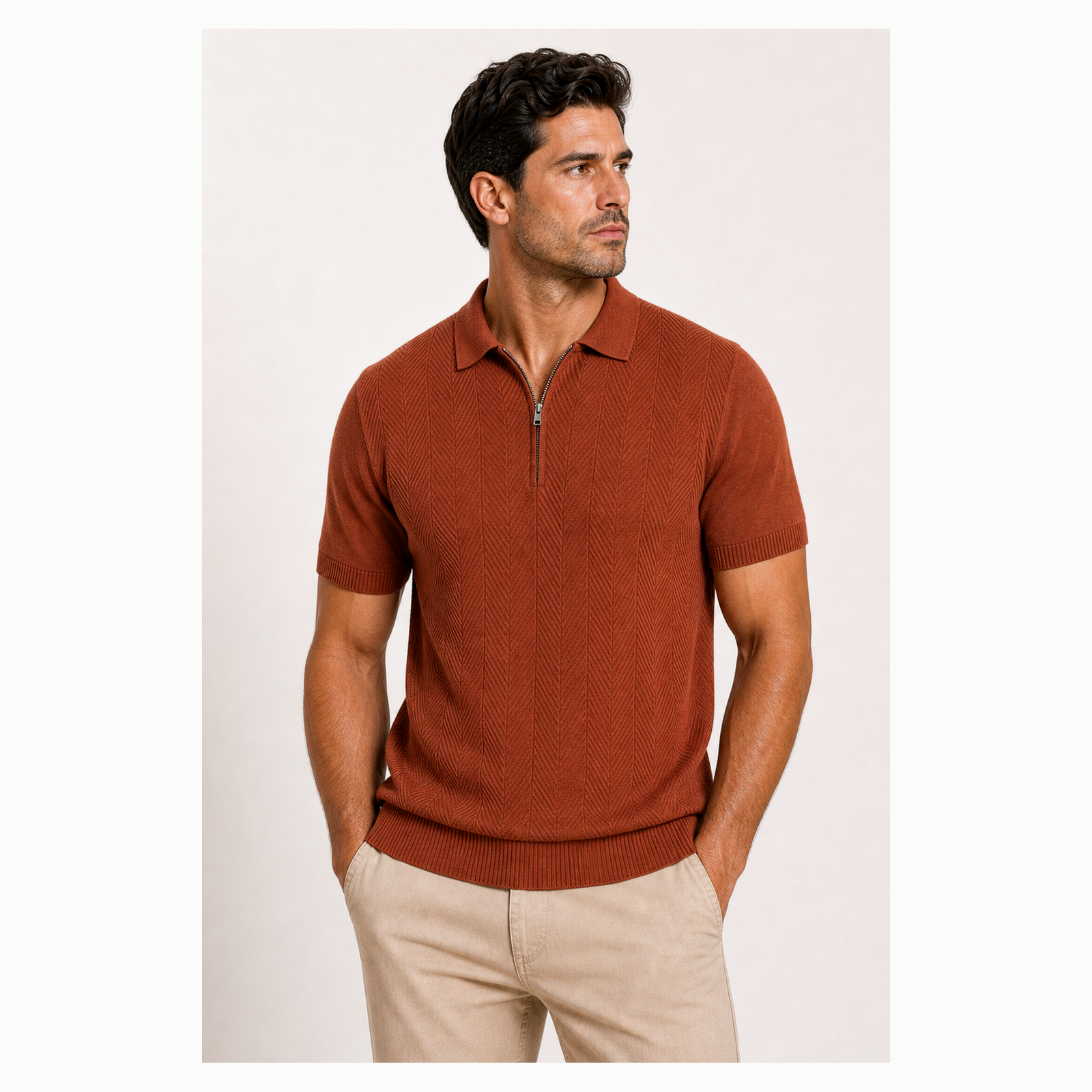 Men's Textured Quarter-Zip Short Sleeve Polo Shirt