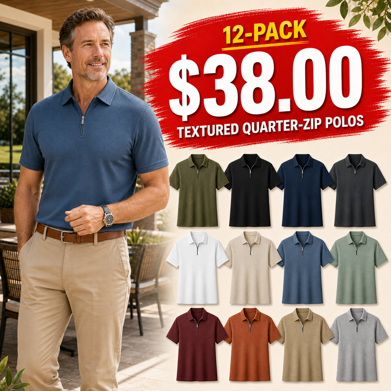 Men's Textured Quarter-Zip Short Sleeve Polo Shirt