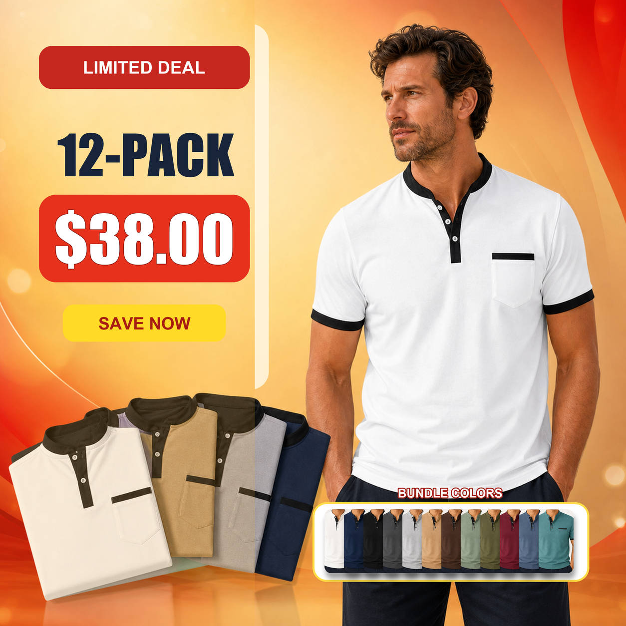 Men's Contrast Trim Short Sleeve Henley Polo Shirt