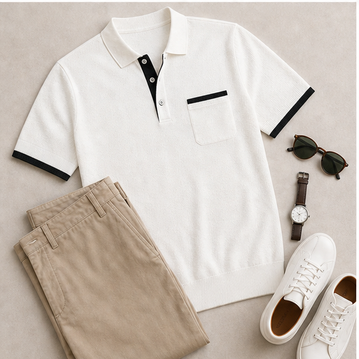 Men's Contrast Trim Short Sleeve Henley Polo Shirt