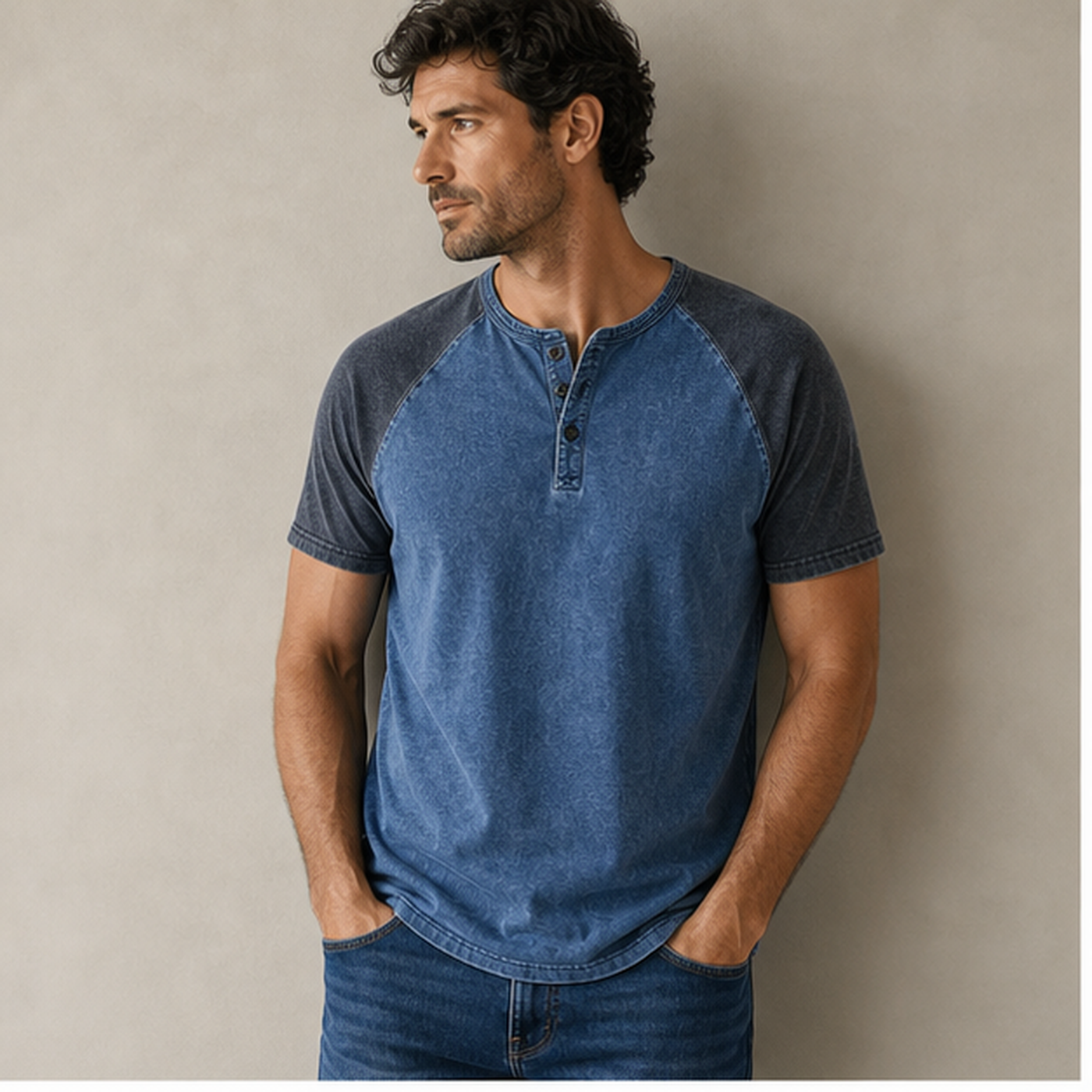 Men's Vintage Colorblock Short Sleeve Henley T-Shirt