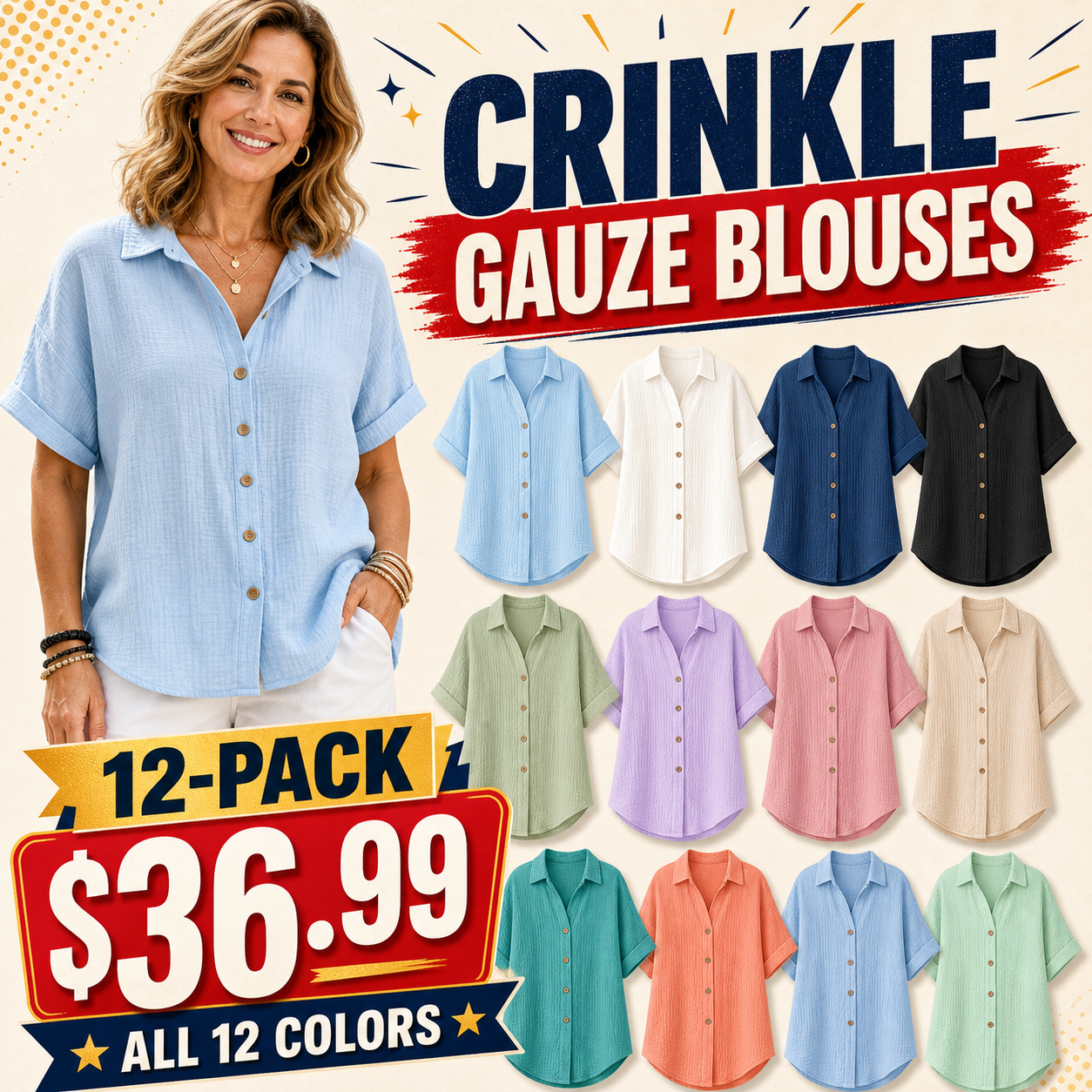 Women's Crinkle Gauze Short Sleeve Button-Up Blouses