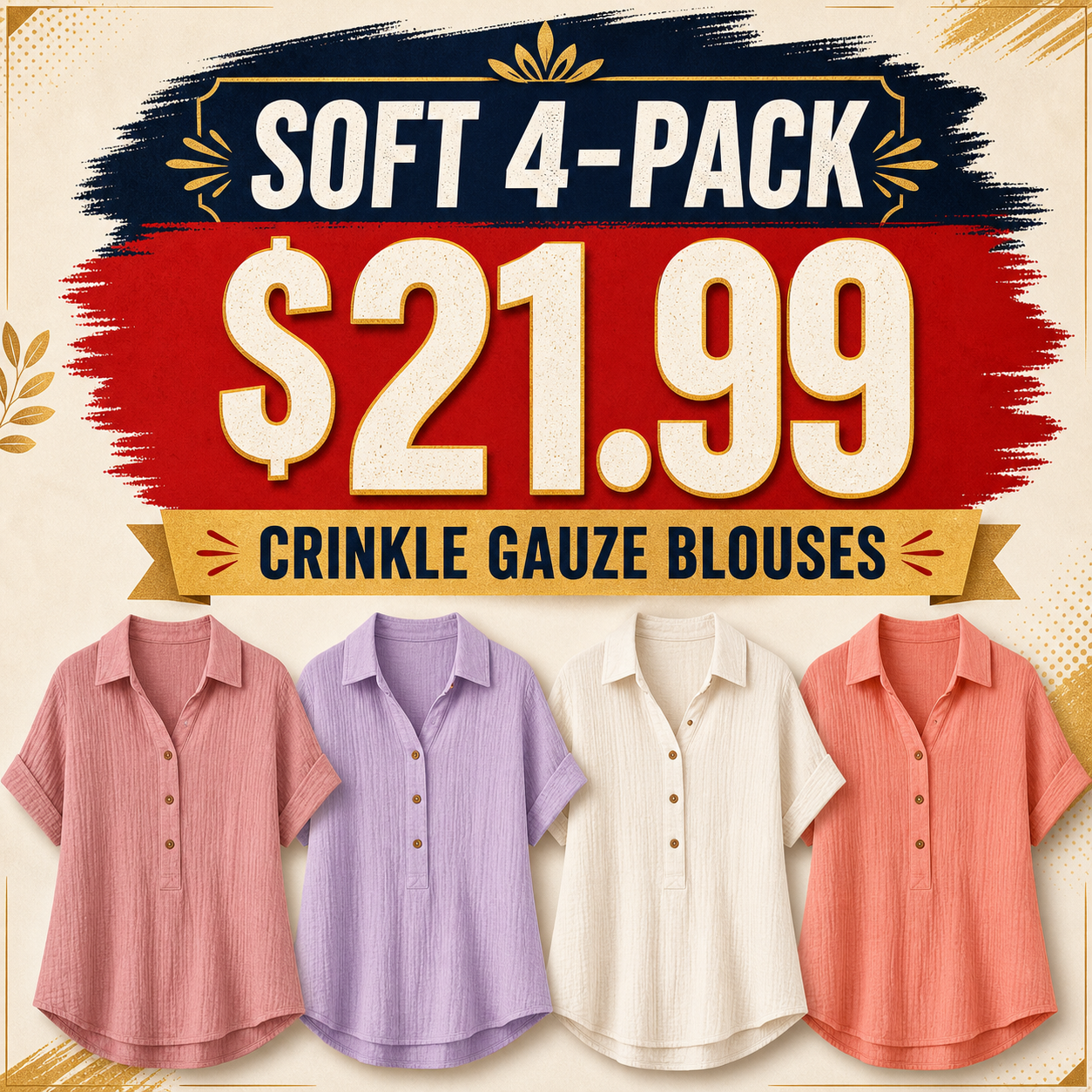 Women's Crinkle Gauze Short Sleeve Button-Up Blouses