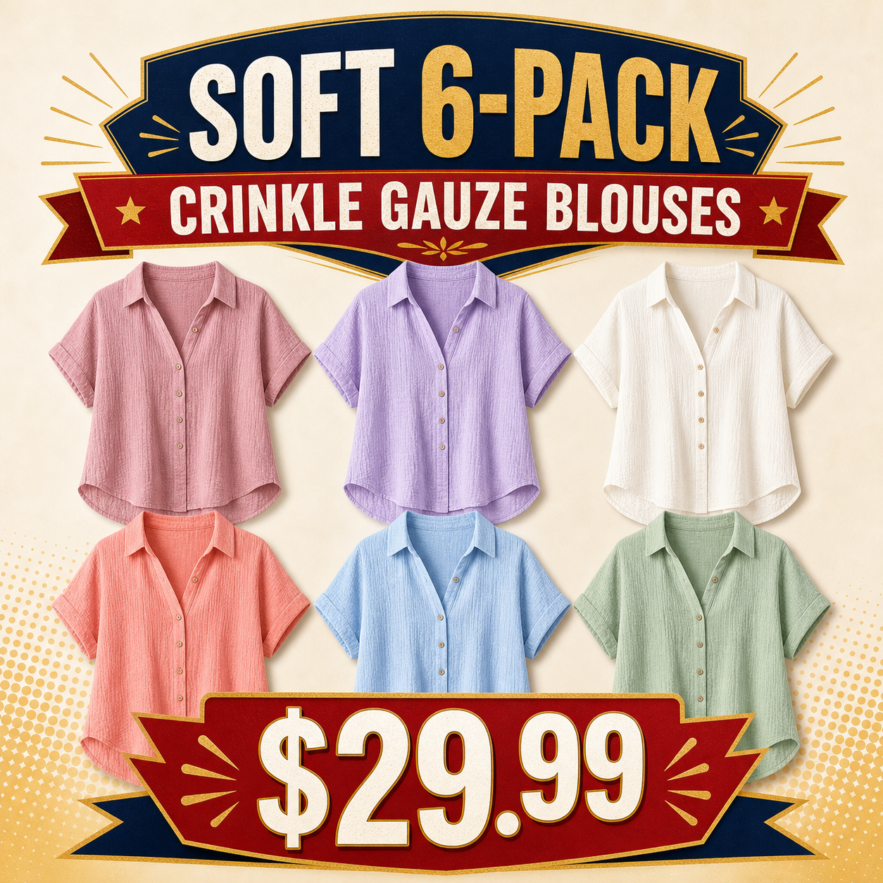 Women's Crinkle Gauze Short Sleeve Button-Up Blouses