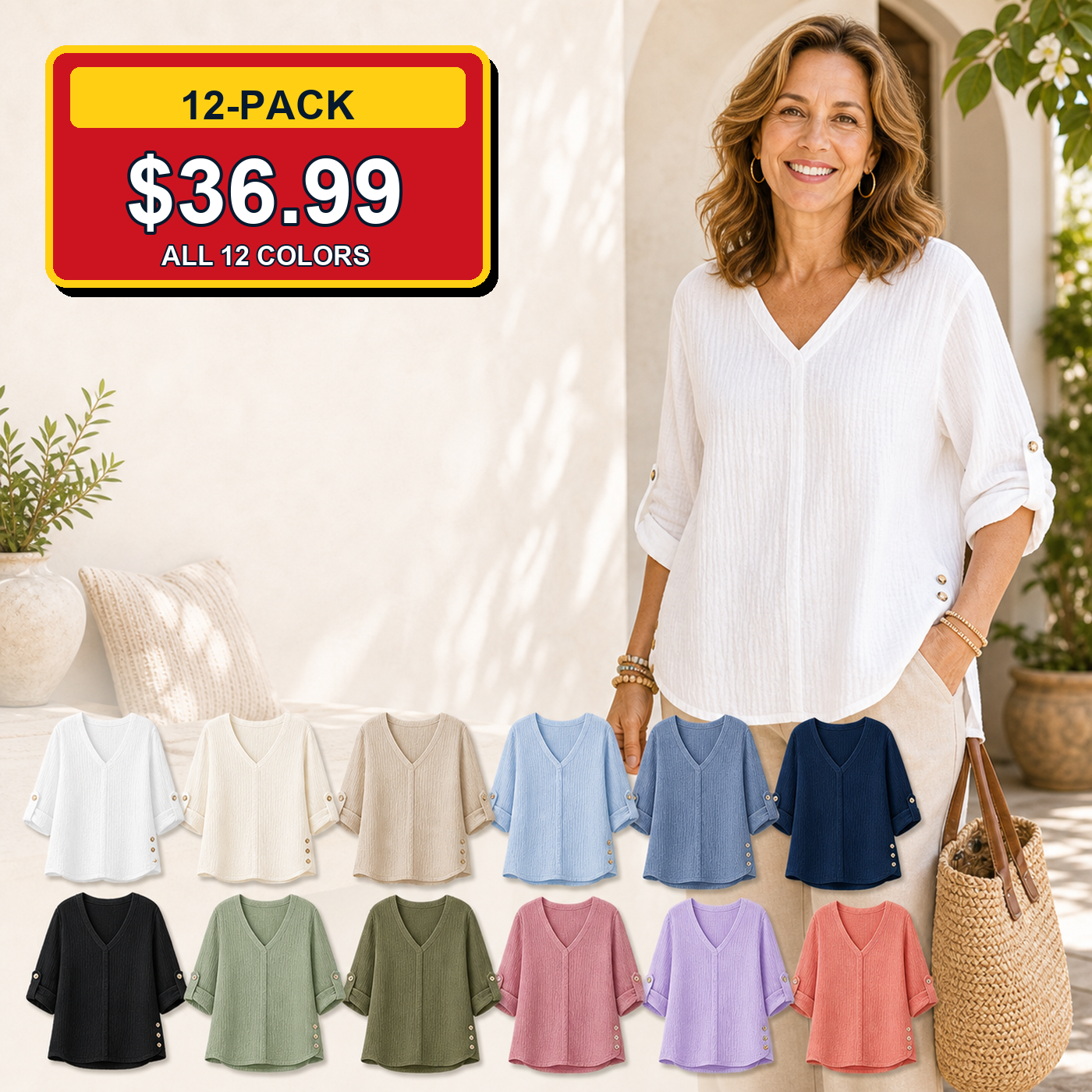 12-Pack - All 12 Colors - Women's Crinkle Linen V-Neck Roll-Tab Sleeve Blouses