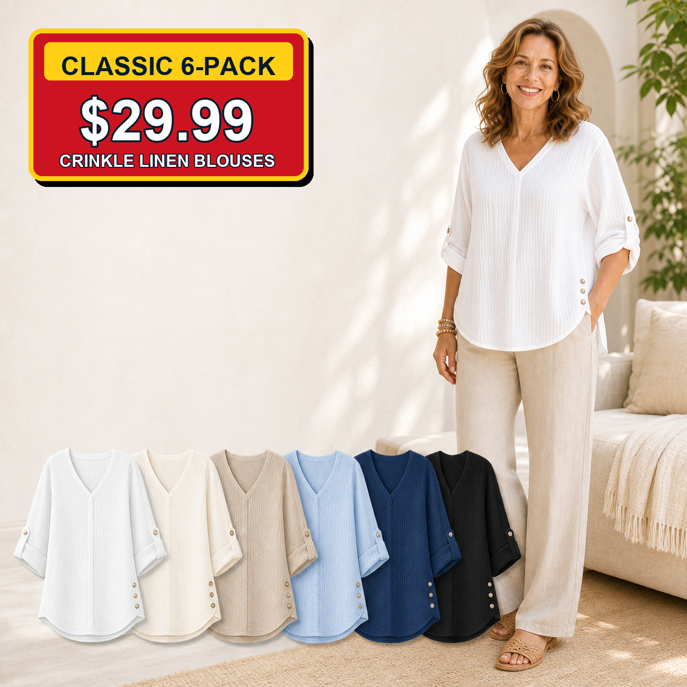 Classic 6-Pack - Women's Crinkle Linen V-Neck Roll-Tab Sleeve Blouses