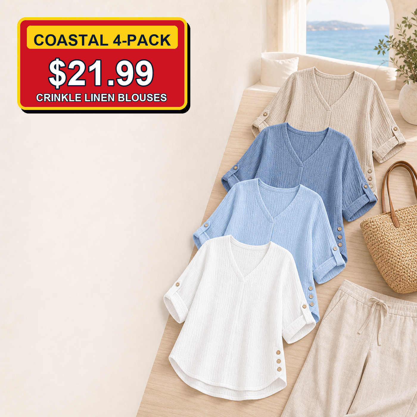 Coastal 4-Pack - Women's Crinkle Linen V-Neck Roll-Tab Sleeve Blouses