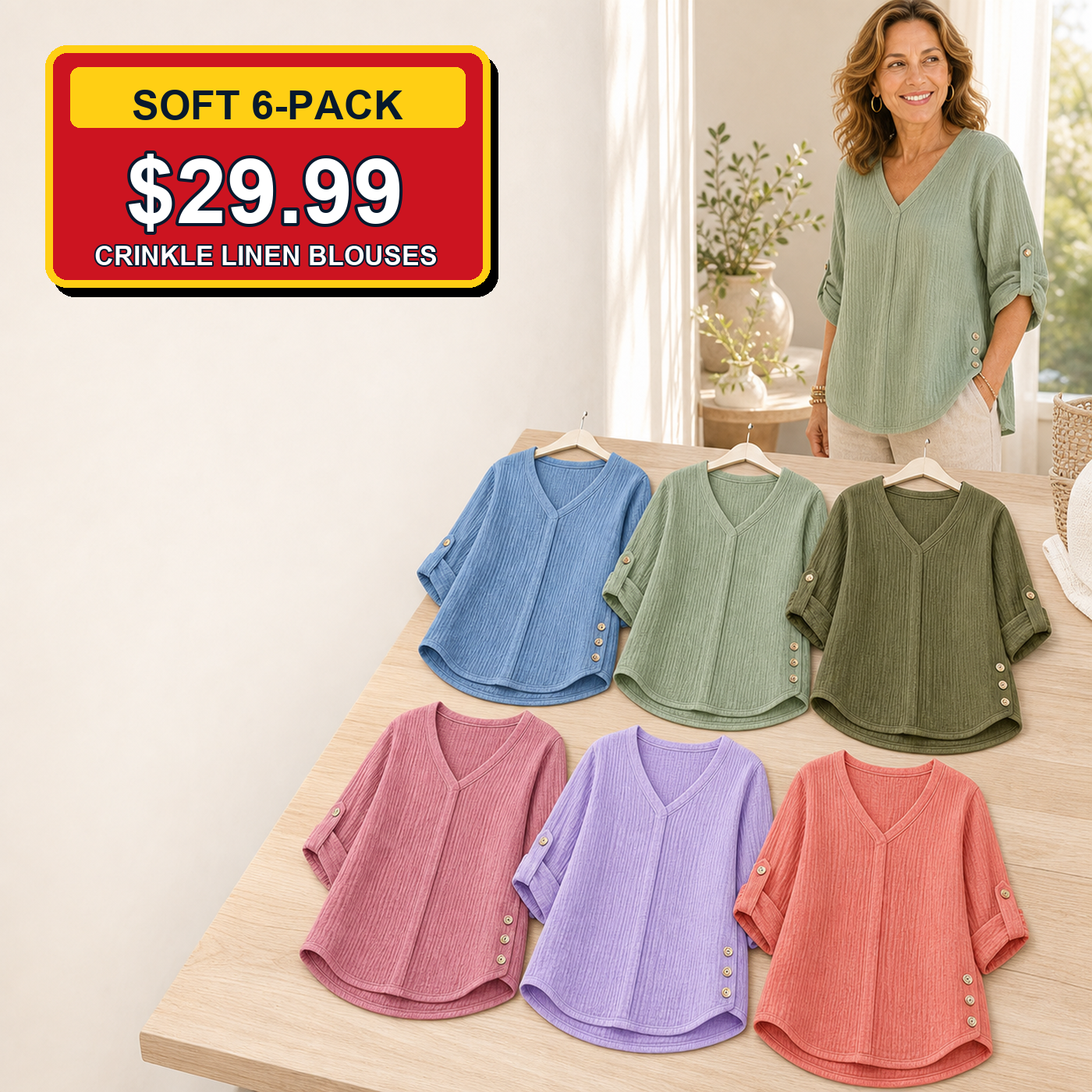 Soft 6-Pack - Women's Crinkle Linen V-Neck Roll-Tab Sleeve Blouses