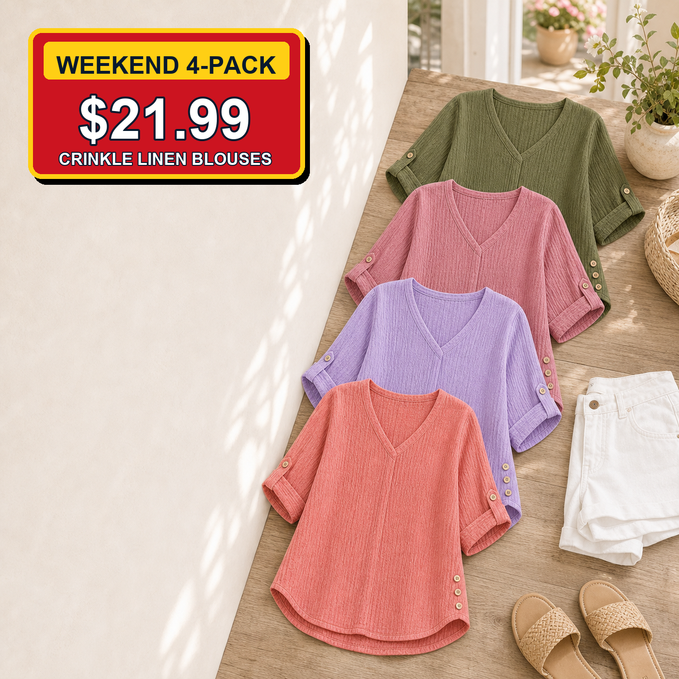 Weekend 4-Pack - Women's Crinkle Linen V-Neck Roll-Tab Sleeve Blouses