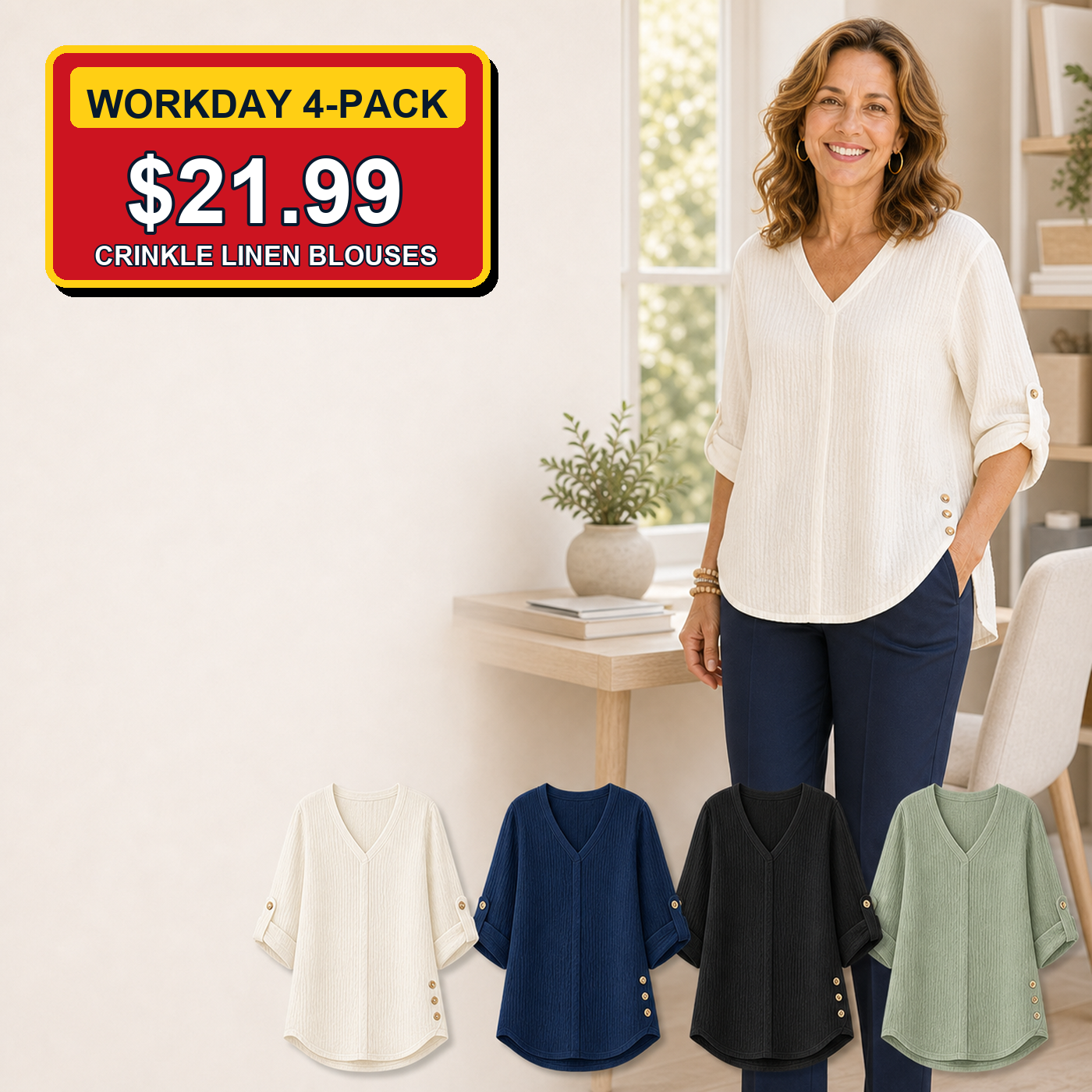 Workday 4-Pack - Women's Crinkle Linen V-Neck Roll-Tab Sleeve Blouses