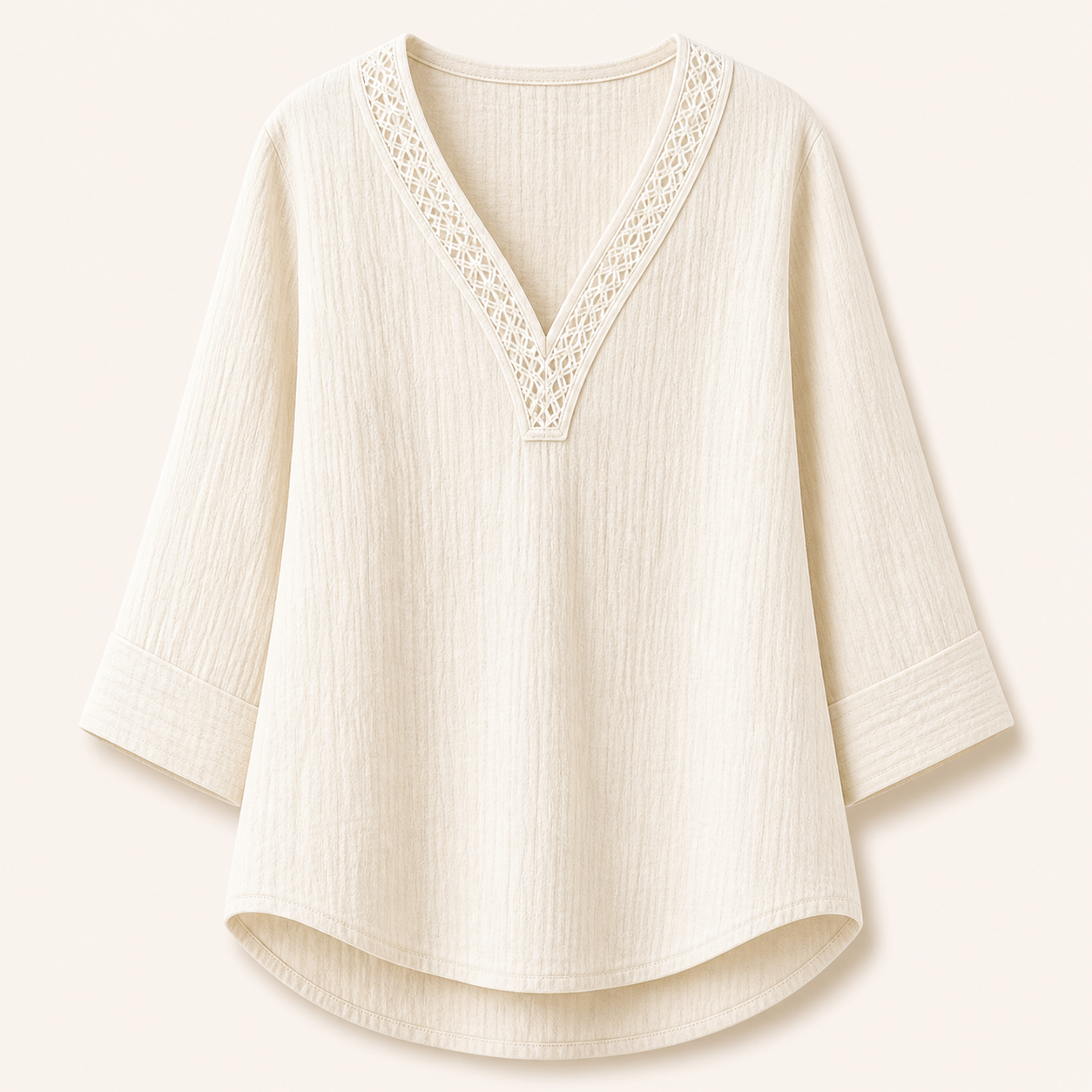 Women's Lace Trim Crinkle Cotton V-Neck Blouses