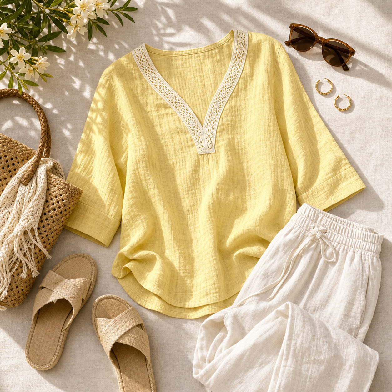 Women's Lace Trim Crinkle Cotton V-Neck Blouses