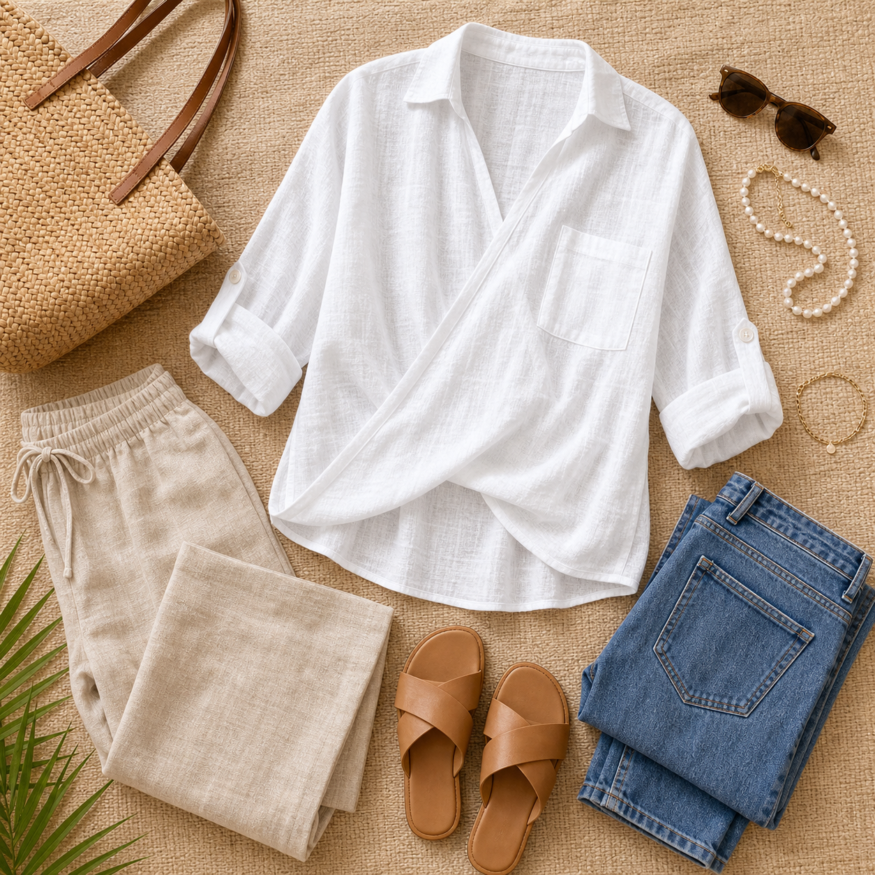 Women's Wrap Front Linen Blend Collared Blouses