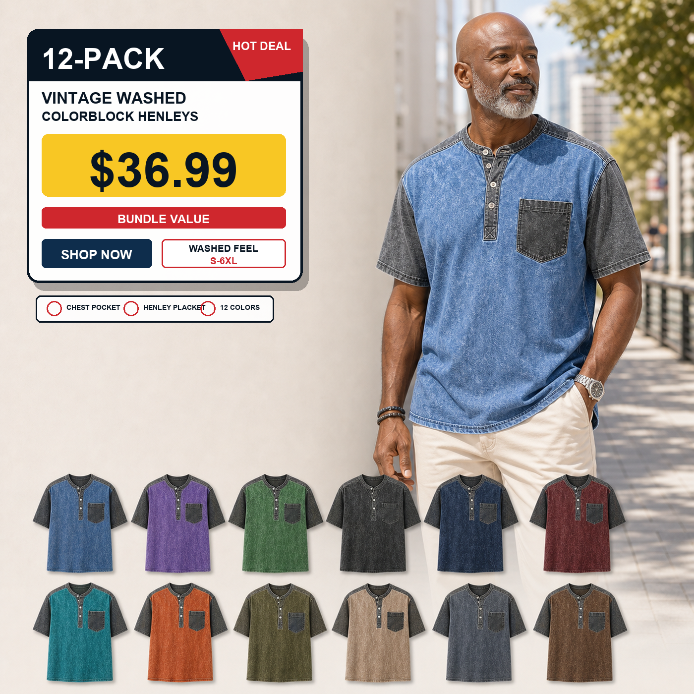 Men's Vintage Washed Colorblock Short Sleeve Henley T-Shirts