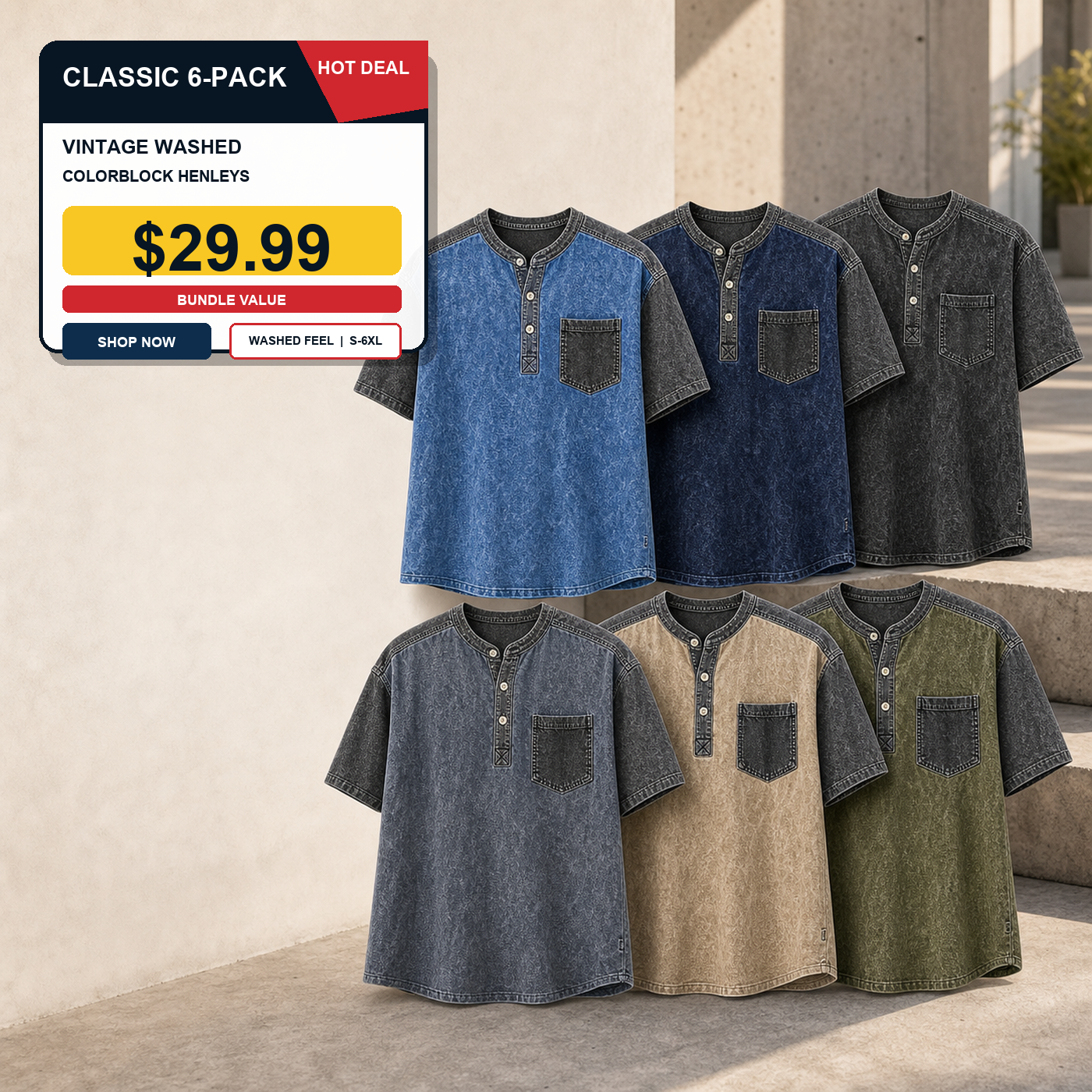 Men's Vintage Washed Colorblock Short Sleeve Henley T-Shirts
