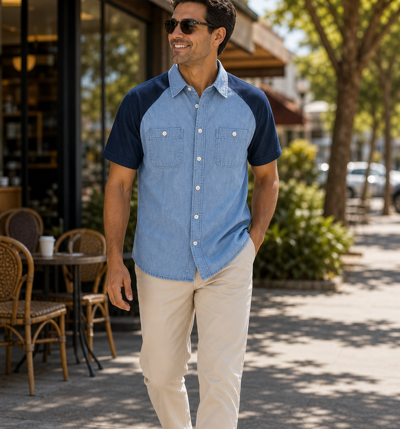 Men's Short Sleeve Denim Colorblock Button-Up Shirts
