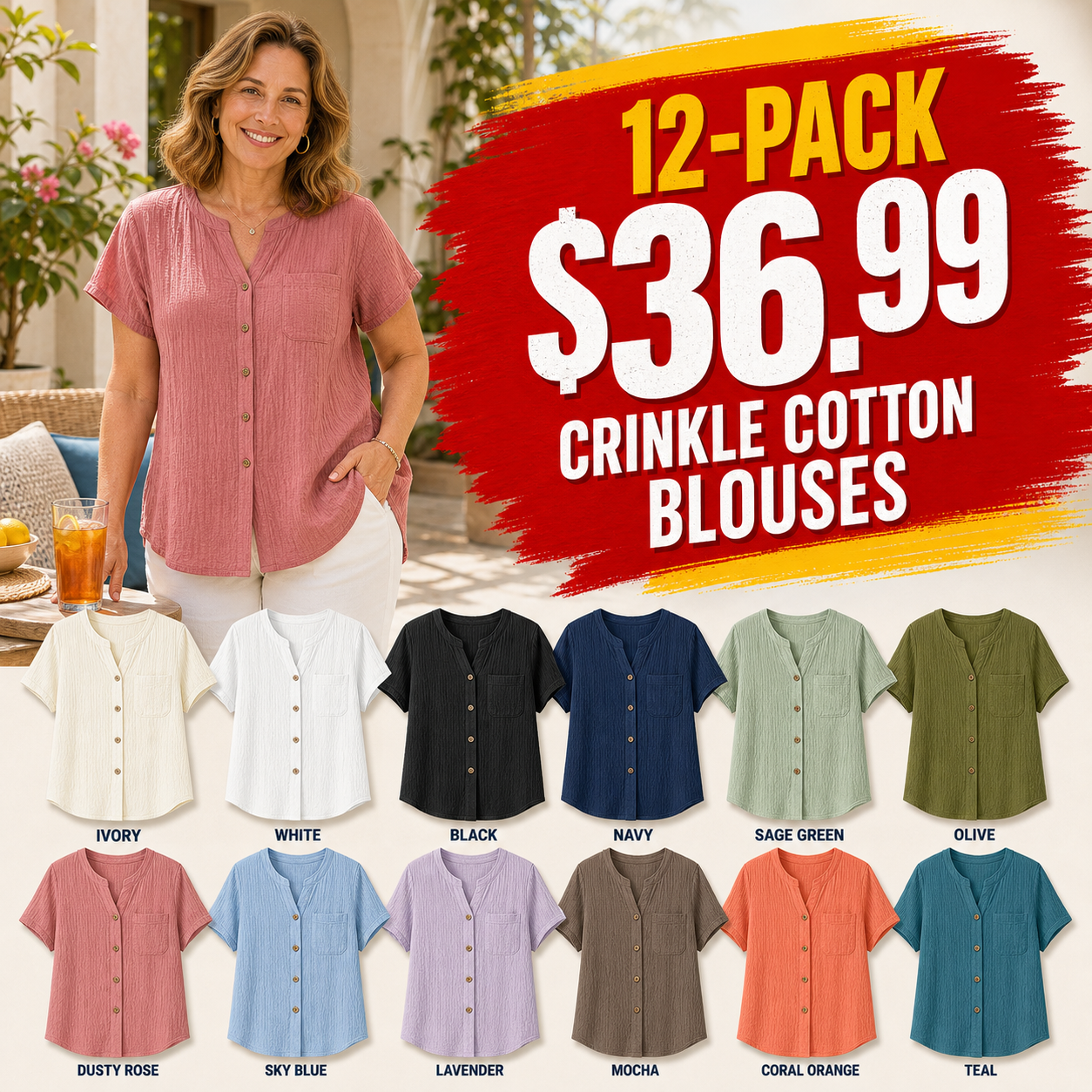 12-Pack - All 12 Colors - Women's Crinkle Cotton Short Sleeve Button-Up Blouses