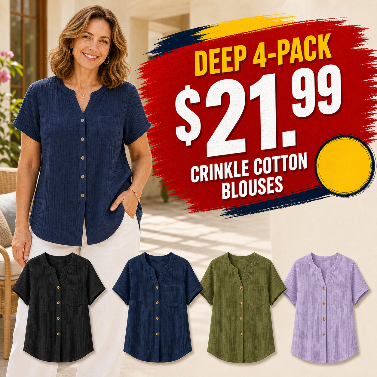 Deep 4-Pack - Women's Crinkle Cotton Short Sleeve Button-Up Blouses