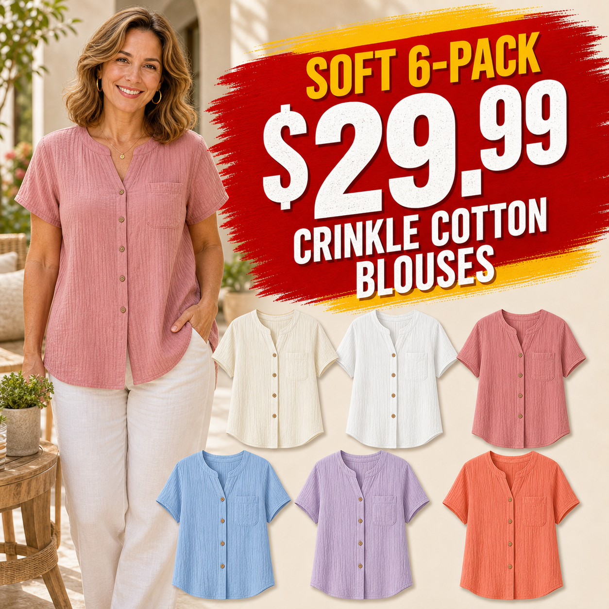 Soft 6-Pack - Women's Crinkle Cotton Short Sleeve Button-Up Blouses