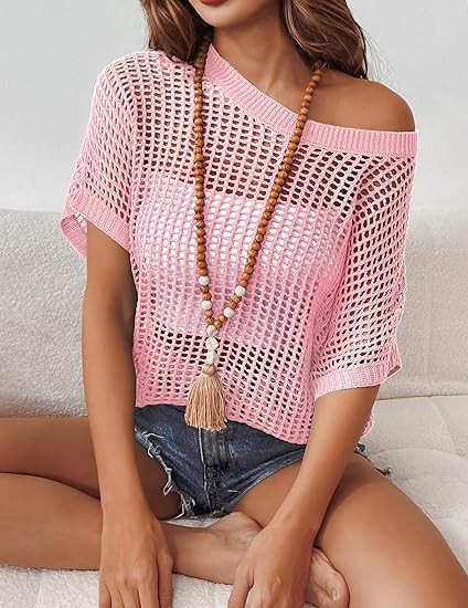 Short Sleeve Crochet Sweater Lightweight Summer Tops Loose Hollow Out Crewneck Pullover