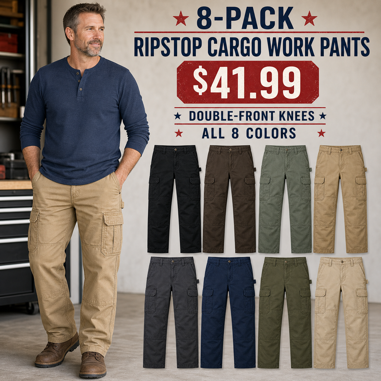 Men's Ripstop Double-Front Cargo Work Pants