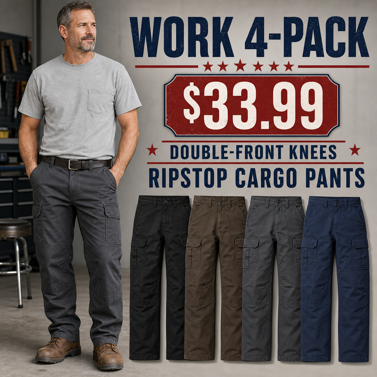 Men's Ripstop Double-Front Cargo Work Pants