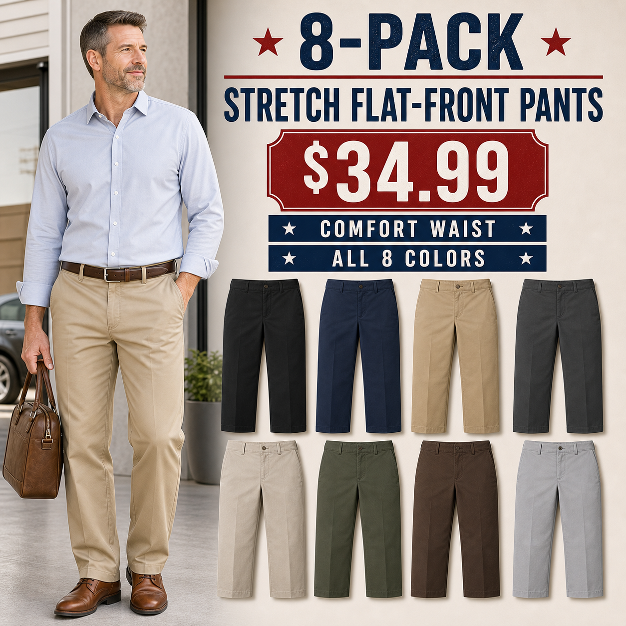 Men's Stretch Flat-Front Straight Casual Pants