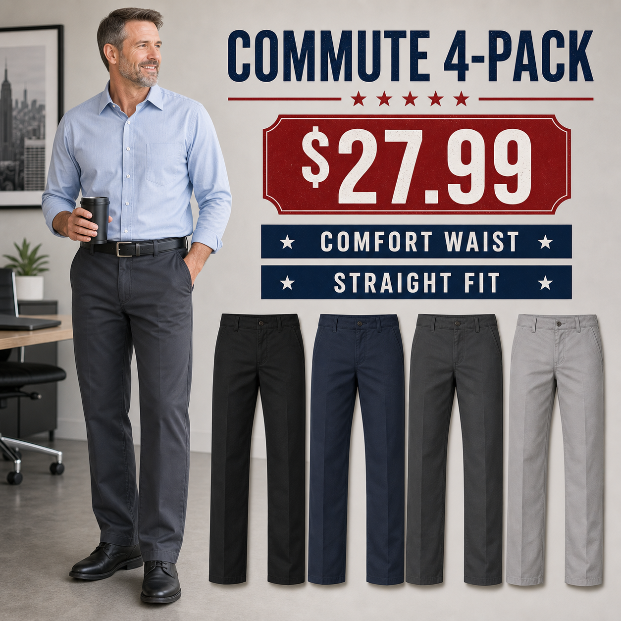 Men's Stretch Flat-Front Straight Casual Pants
