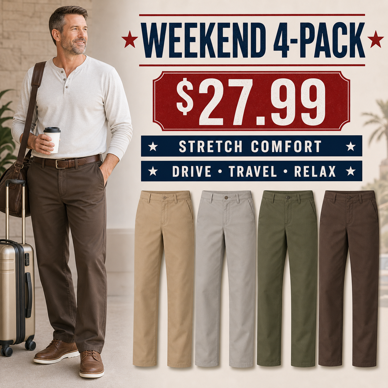 Men's Stretch Flat-Front Straight Casual Pants