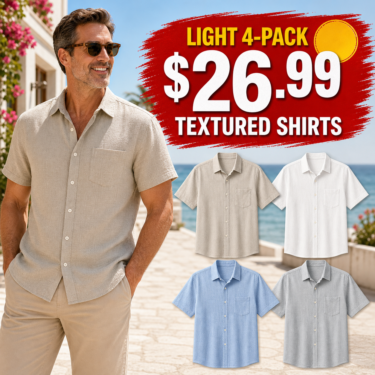 Light 4-Pack - Men's Textured Short-Sleeve Summer Button-Up Shirts