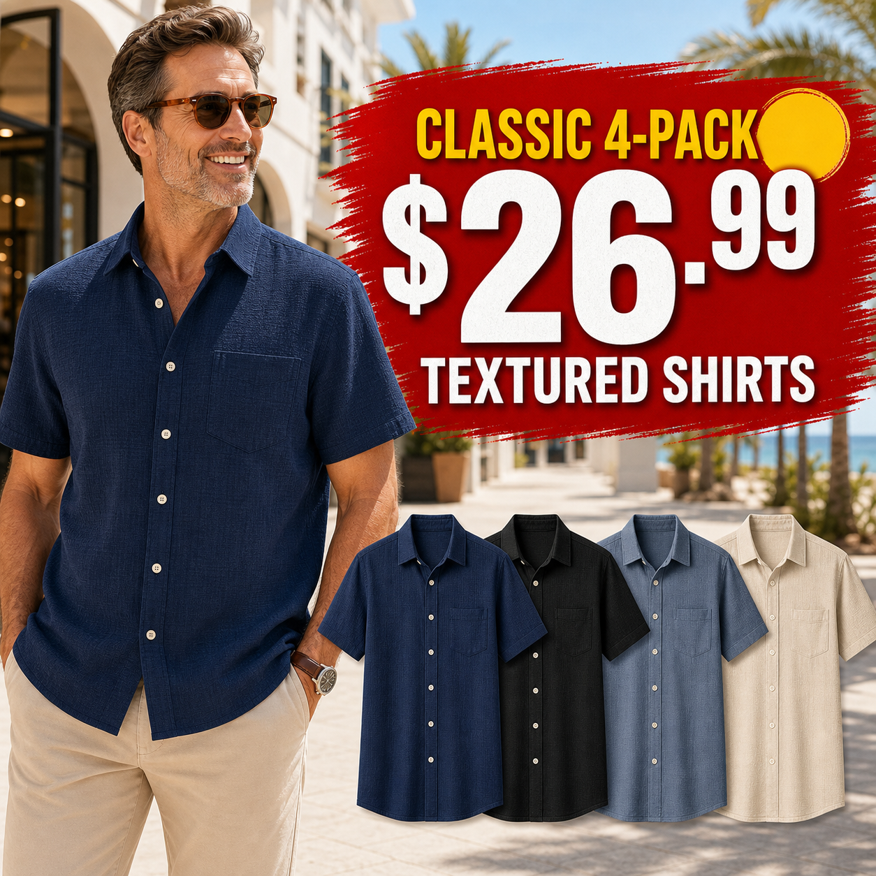 Classic 4-Pack - Men's Textured Short-Sleeve Summer Button-Up Shirts