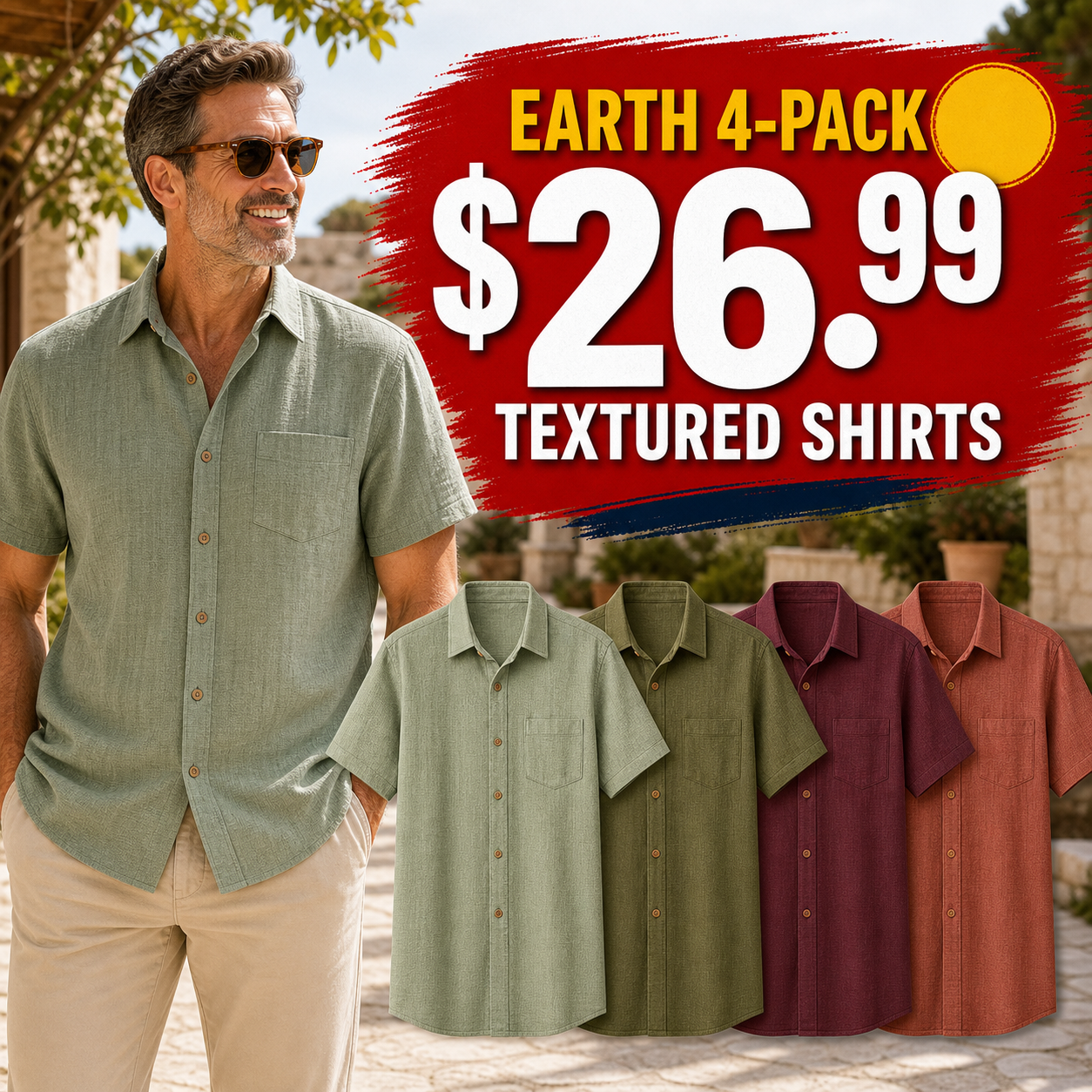 Earth 4-Pack - Men's Textured Short-Sleeve Summer Button-Up Shirts