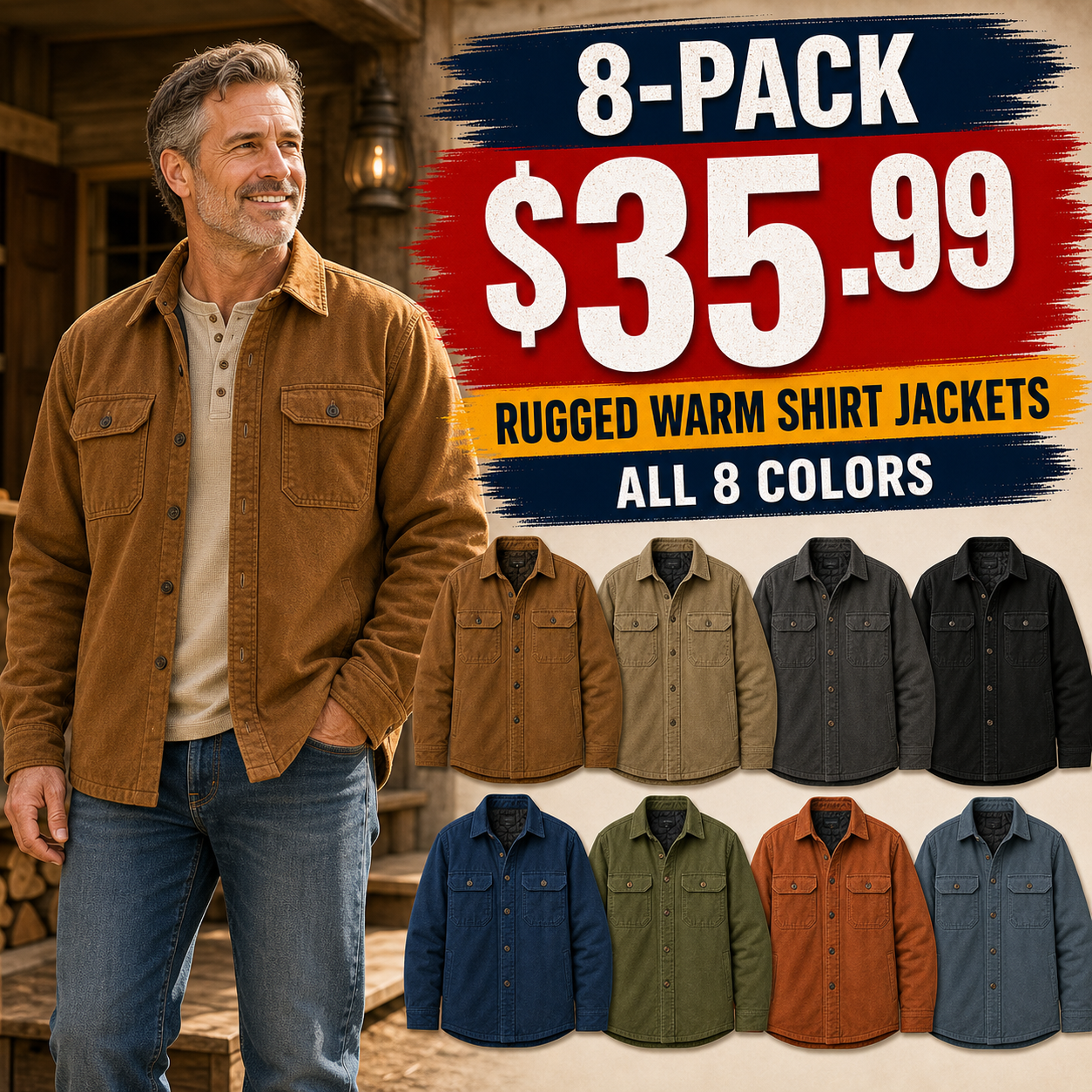 Men's Rugged Warm Shirt Jacket 8-Pack