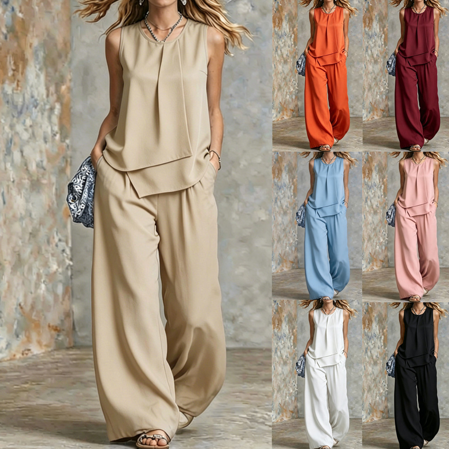 Women's Sleeveless Layered Top & Wide-Leg Pants Set – Chic Summer Lounge & Casual Outfit